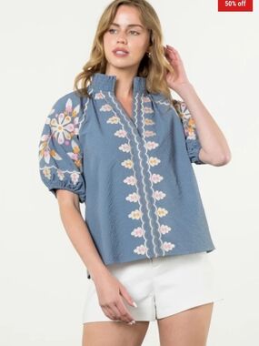 THML Blue Embroidered Puff-Sleeve Blouse